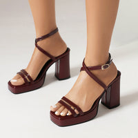 Summer Square Toe Thin Strap Buckle Wide Strap High Heels
