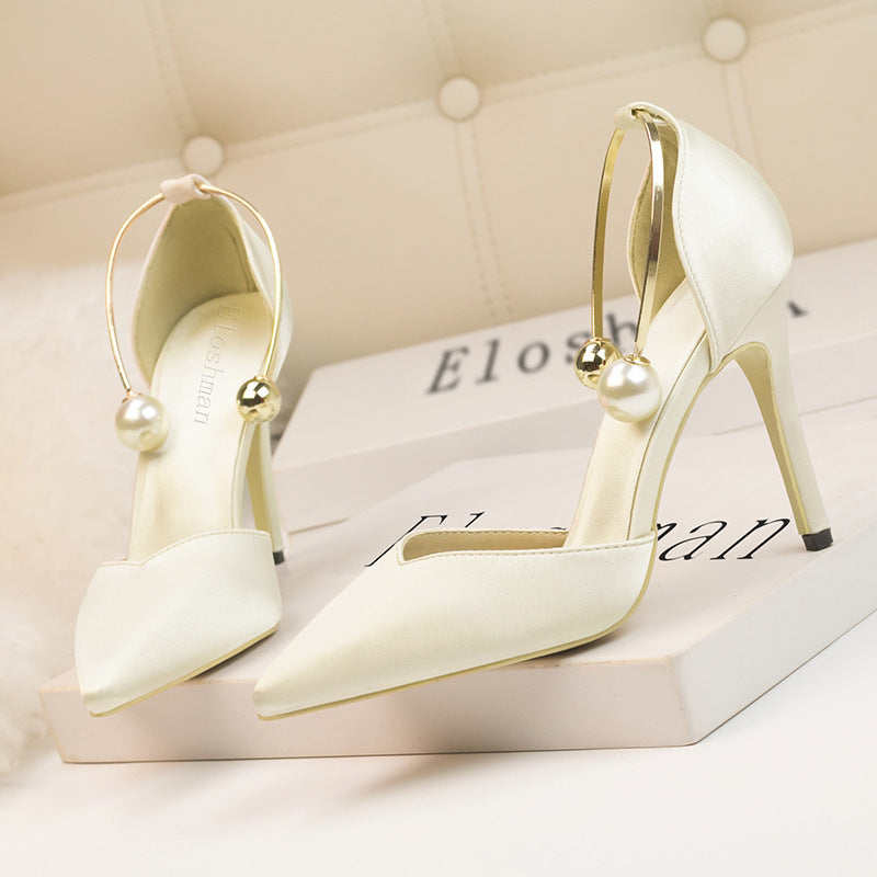 Low-cut Satin Hollow-out Pointed Toe Nightclub Metal Strap Sandals