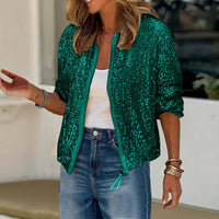 Casual Fashionable Sequins Short Zip Jacket
