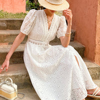 Short-sleeve Hollow-out Embroidered Slim-fit Midi Dress