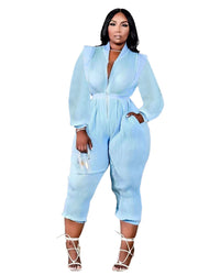Women's Fashion Pleated Versatile V-Neck Long Sleeve Jumpsuit