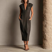 Stand-up Collar Sleeveless Casual Loose-fit Cotton-linen Dress