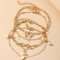 Best Seller In Europe And America Butterfly Pearl Heart Anklet 4-piece Set Multi-layer