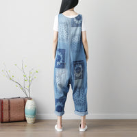Sleeveless Washed Printed Plus Size Ripped Denim Suspender Pants