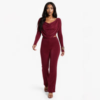 Solid-color Casual Boat-neck Long-sleeve Top And Slim-fit Pants Set