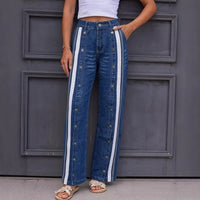 Fashionable Retro Personalized Flared Split Hem Color-Block Wide-Leg Floor-Length Womens Denim Trousers