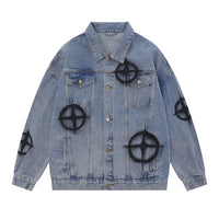 Dark Cross Graffiti Patterned Denim Jacket