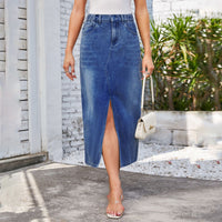 Washed Elastic Waist Split Denim Midi Dress