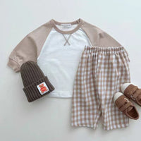 Korean Style Ins Stitching Sleeves Top Plaid Trousers Combination Suit