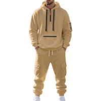 Men's Loose Sports And Leisure Suit Sweater Fleece-lined Hoodie Set Zipper Multi-Pocket Pullover Men's Sports Casual Top Two-piece Set