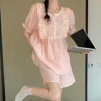 Women's Fashionable Cotton Gauze Plaid Ruffle Short-sleeved Loungewear
