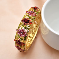 Vintage Court-Style Hand-Painted Bracelet With Diamond-Inlaid Hollow Sea Poppy Design, Entirely Handcrafted