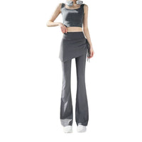 Womens Solid-Color Mock Two-Piece Cropped Flare Pants With Drawstring