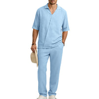 Mens Lapel Short-Sleeve Shirt And Pants Suit