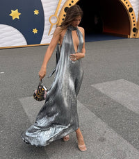 Metallic Solid-color Sleeveless Backless Dress