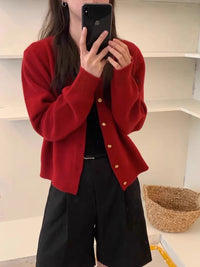 Versatile Solid-Colored Cardigan Sweater Coat With Small Gold Buttons