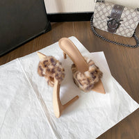 Pointed-toe Slender High-heel Non-slip Plush Shoes High-heel Slippers