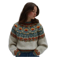 Womens Color Block Loose Fit Fashionable Crew Neck Sweater Top