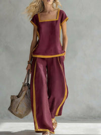 Womens Square-Neck Short-Sleeve Casual Loose Top And Pants Set