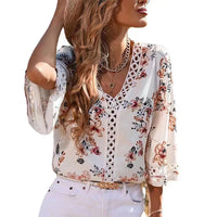 Loose V-neck Elegant Commuting Bell-sleeve Lace Top