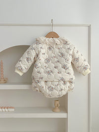 Winter Korean Style Baby Girl Floral Suit Lace Pocket Strap Romper Outwear Warm Two-piece Suit