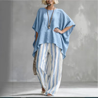 New Striped Batwing-Sleeve Loose Cotton-Linen Two-Piece Set