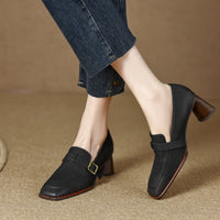 Womens Retro Brown Commuter British Style Leather Shoes With Chunky Heels