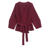 Fashionable Knitted Womens Long Sleeve Top With A Belt