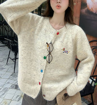 Women's Sweet Round Neck Color Buckle Puppy Pattern Long-sleeved Sweater Cardigan