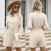 Women's Fashion Casual Solid Color Lapel Drawstring Jumpsuit Shorts