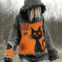 Drop-Shoulder Vintage Womens Printed Loose Hooded Top