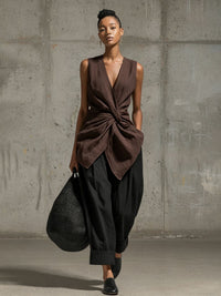 Waist-cinching Tie-front V-neck Sleeveless Top Wide-leg Pantsuit