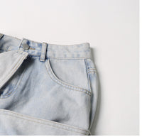 Patchwork Ruffled High Waist A- Line Denim Skirt Women