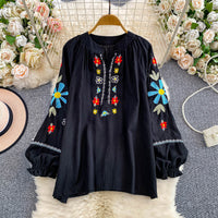Sweet, Youth-Enhancing Floral Embroidery Stand Collar Puff Sleeve Shirt