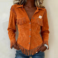 Brown European And American-style Suede-velvet Cardigan With Tassels And Long Sleeves