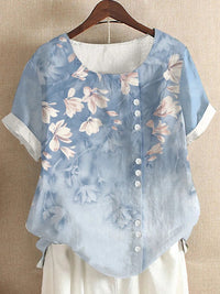 Retro Cotton And Linen Printed Loose Casual Shirt Short-sleeved T-shirt For Women