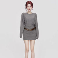 Womens Cinched Sheath-Fit Pure-Desire Knitted Sweater Dress For Layering