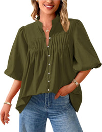 Loose Style Button Shirt Casual Pleated V-neck Shirt