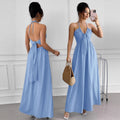 Blue Halter Neck Open Back Waist-cinching Slimming Beach Vacation Maxi Dress