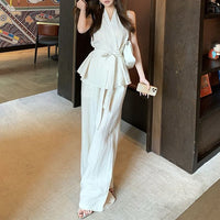 Pure And Alluring High-End Bandage-Waist Top With Wide-Leg Casual Pants Set For Women