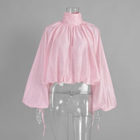 Sheer Lantern Sleeve Pleated Bud-Neckline Shirt