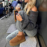 Women's Off-shoulder Simple Pure Color All-matching Lantern Sleeve Knitted Sweater