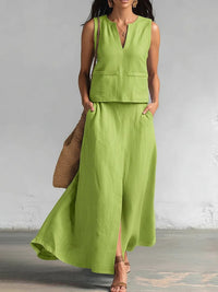 A Simple And Elegant Two-piece Set Featuring A V-neck Top And A Skirt
