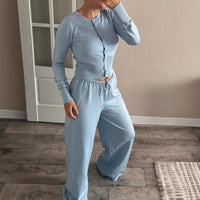 Stylish Summer Cardigan With Buttons Knitted Long-Sleeve Crew-Neck Top And Pants Casual Set