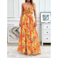 Elegant Womens Floral Print Halter V-neck Backless Side-Slit Dress Cut Out Waist Chain Sleeveless High Side Split Fit Flare Maxi Long Dresses