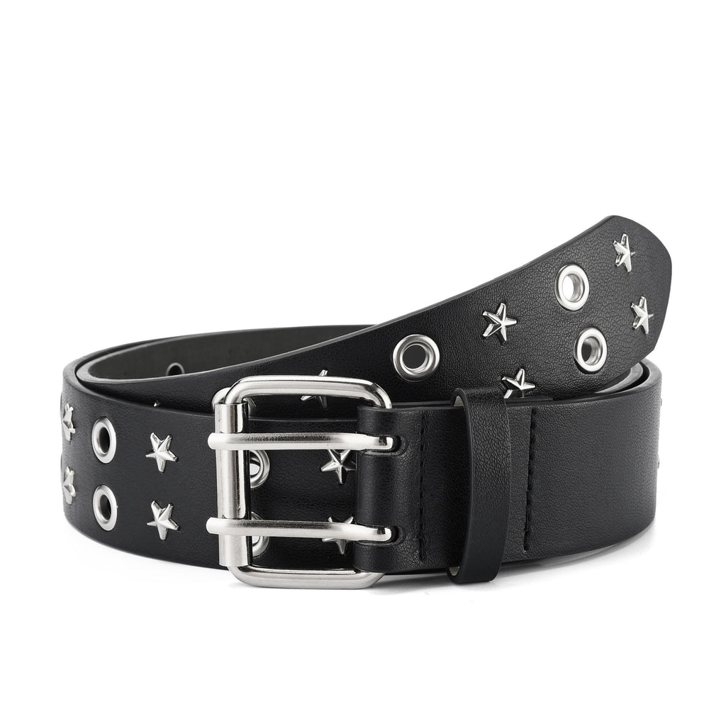 Punk Double Row Pin Buckle Denim Five-star All-match Men's Leather Belt