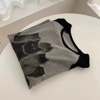 Simple Plus Size American College Style Cat Printing Long-sleeved T-shirt Top
