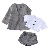 White Upper Garment Gray Plaid Suit 3-piece Set