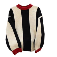 Women's Contrast Color Knitted Wool Tops Round Neck Striped Sweater