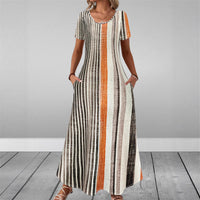 Round-neck Short-sleeve Printed Dress With Patch Pockets